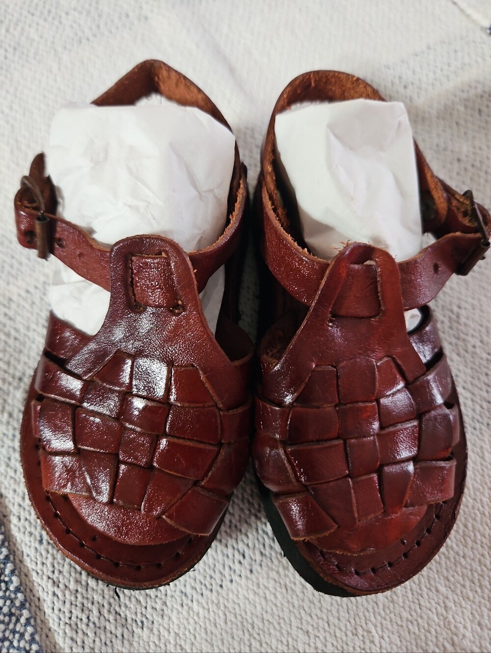 Kids Brown Woven Leather Sandals with Adjustable Ankle Strap